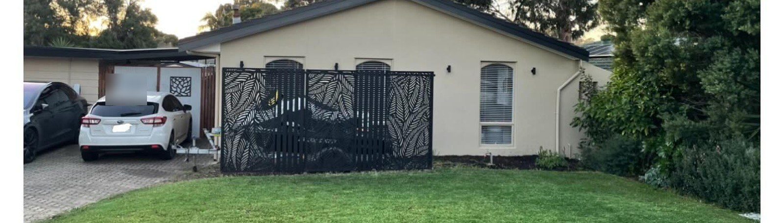 The same front lawn mowed and painted a deep even green